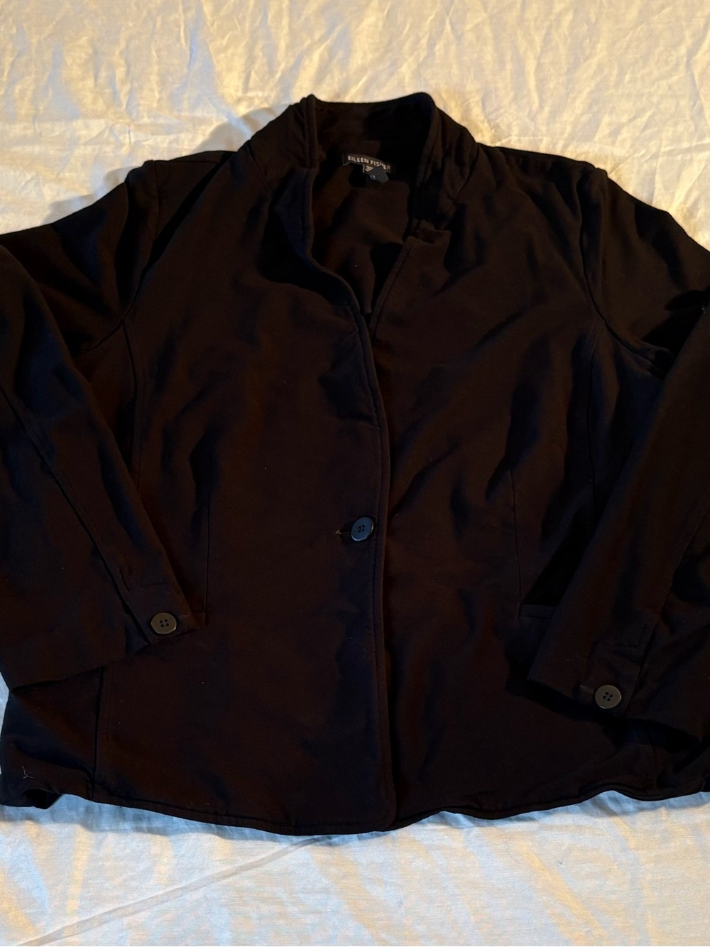 Eileen Fisher Women’s L Black Stretch Blazer Single Button Minimalist Jacket